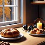 **A cozy, atmospheric listening session:** "A warmly lit Swedish 'fika' setting with candles, pastries (kanelbullar), and headphones. Someone is deeply immersed in the Reverse: 1999 soundtrack on Spotify, with the game art subtly displayed on a nearby screen. Autumn leaves visible through the window."