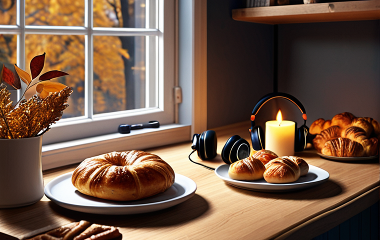 **A cozy, atmospheric listening session:** "A warmly lit Swedish 'fika' setting with candles, pastries (kanelbullar), and headphones. Someone is deeply immersed in the Reverse: 1999 soundtrack on Spotify, with the game art subtly displayed on a nearby screen. Autumn leaves visible through the window."