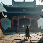 **

A mysterious, ancient Asian temple shrouded in mist. Inside, a female investigator (resembling the game's style) examines a hidden relic with glowing inscriptions. Torches flicker, casting long shadows on intricate carvings of dragons and mythical creatures.

**