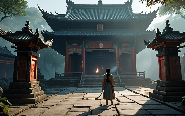 **

A mysterious, ancient Asian temple shrouded in mist. Inside, a female investigator (resembling the game's style) examines a hidden relic with glowing inscriptions. Torches flicker, casting long shadows on intricate carvings of dragons and mythical creatures.

**
